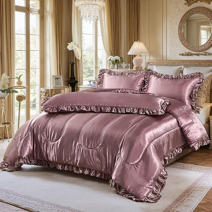 Satin King Comforter Set Silk Like Satin Bedding Set 4 Pcs Hotel Soft Polyester Blush Pink Bed Set Luxury Silky Body Pillow Cover Ruffle Down Comforter Home Decor