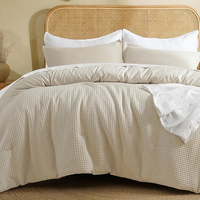 David's Home Waffle Weave Comforter Set 3PCS Queen Size, Soft Breathable Lightweight Cozy Skin-Friendly Warm for All Season, Elegant Aesthetic Home Decor Bedding Set with Pillow Shams, Linen