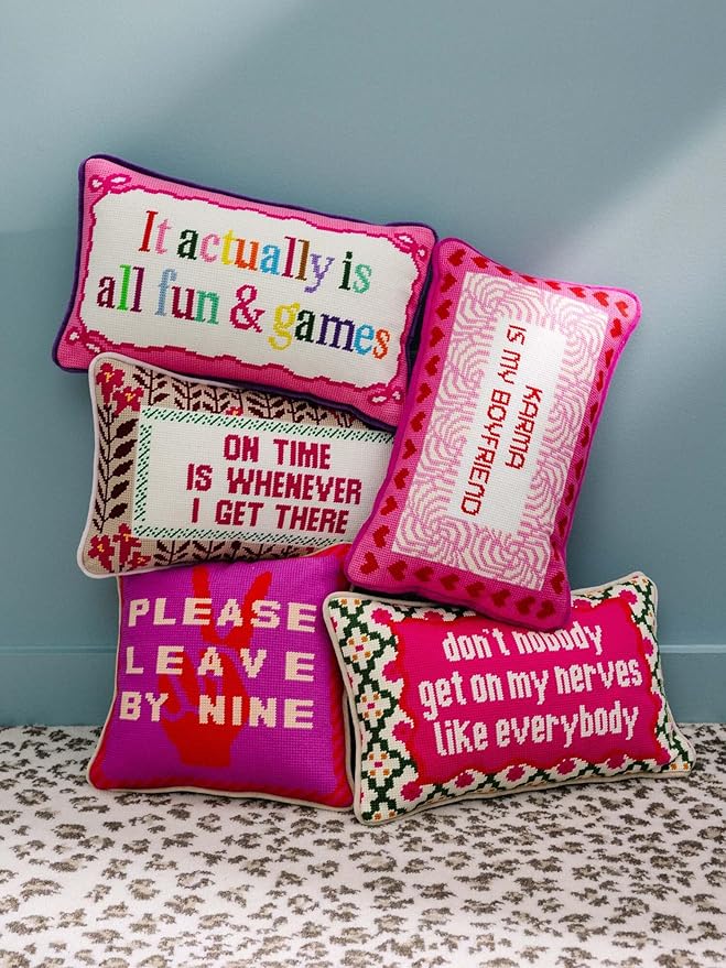 FURBISH Needlepoint Decorative Throw Pillow - Leave by Nine - 11"x11" - Small Embroidered Designer Pillow for Living Room, Couch, Sofa, Chair & Bed - Eclectic Home Decor