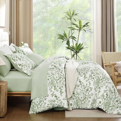 WONGS BEDDING 8 Pieces Full Size Comforter Set Green, Sage Green Floral Bed in a Bag Comforter Sets, Soft Reversible Botanical Flowers Bedding Sets for All Season (78"x90")