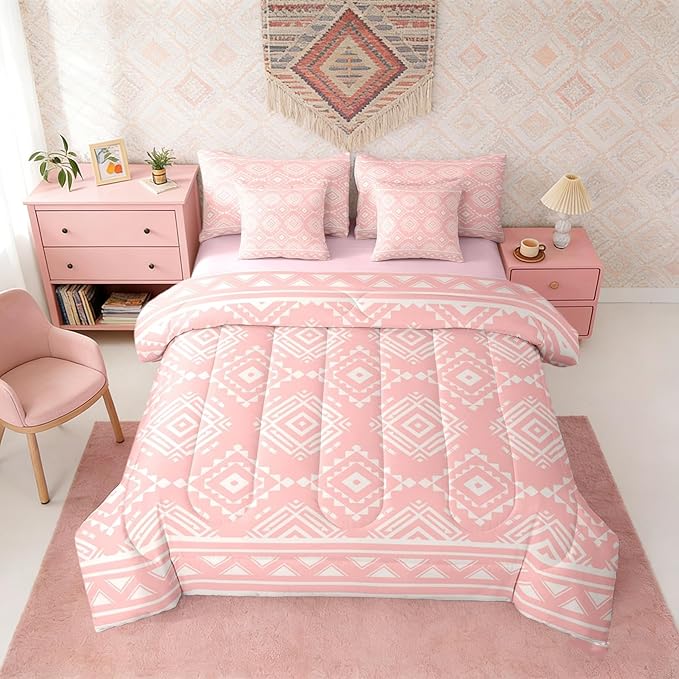 Erosebridal Pink Southwestern Bedding Set Full Exotic Tribal Aztec Comforter Set 7 Piece Western Geometric Bohemian Bed in A Bag for Kids Rustic Ethnic Nordic Style Quilt with Flat Fitted Sheet