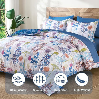 Anibedding 7Pieces Queen Comforter Set, Blue Botanical Bed in a Bag Complete Set with Sheet Pillowcase for Bedroom All Season