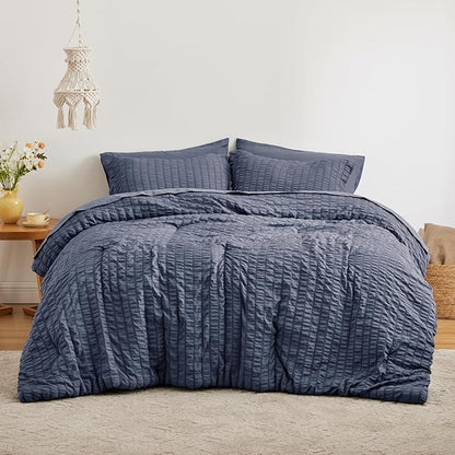 Love's cabin Seersucker Navy Blue Full Comforter Set, 7-Piece All Season Lightweight Bed in a Bag Bedding Set with Comforter, Flat Sheet, Fitted Sheet, Pillowcases and Shams | Soft, Breathable, Lightweight