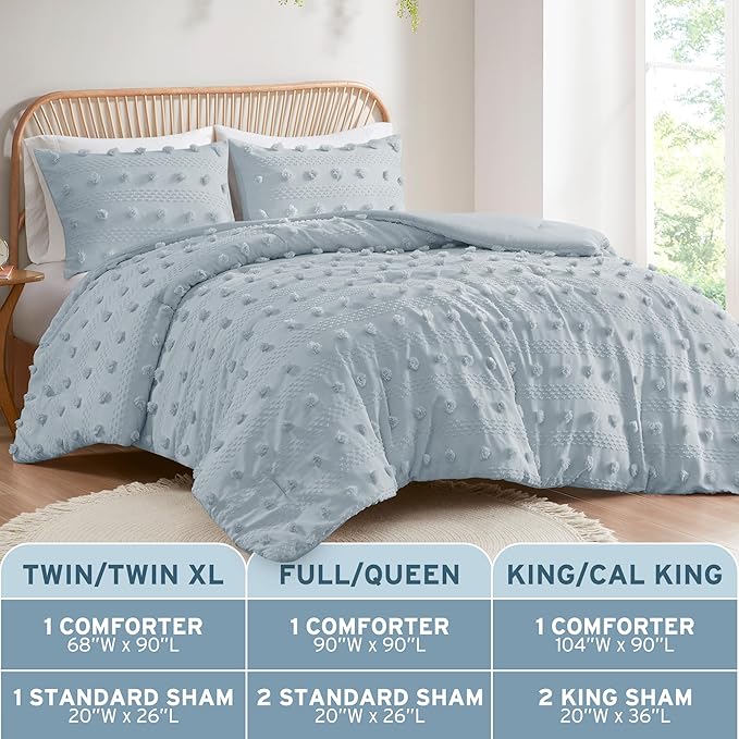 Intelligent Design Queen Comforter Set, Clipped Jacquard Comforter Set Chic Pompom Accent, All Seasons Lightweight & Fluffy Comforter Bed Set with 2 Shams, Lucy, Full/Queen, Blue 3 Piece