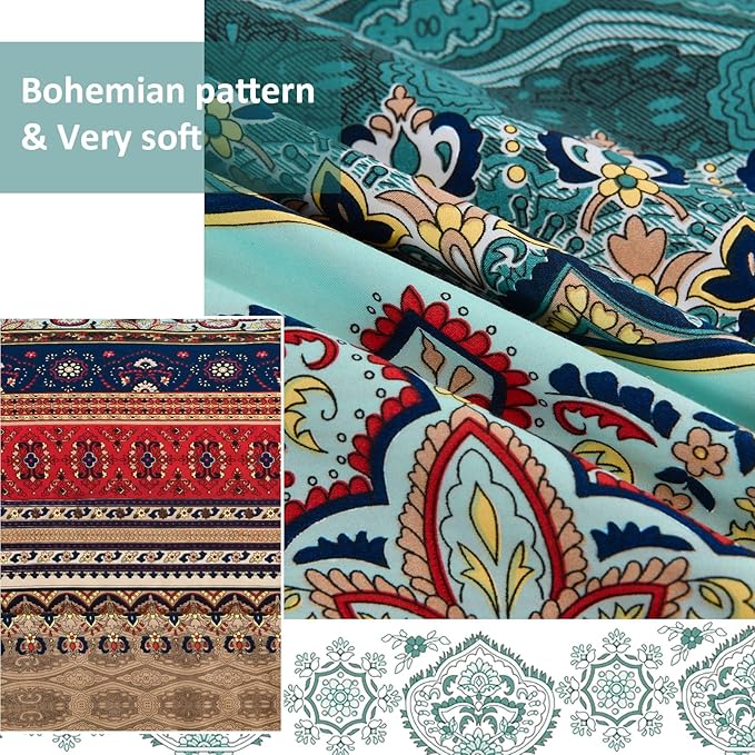 Cottolester Boho King Size Comforter Set 8 Pieces,Green and Brown Bohemian Striped Bed in a Bag,Floral Soft Microfiber Bedding Comforter Set