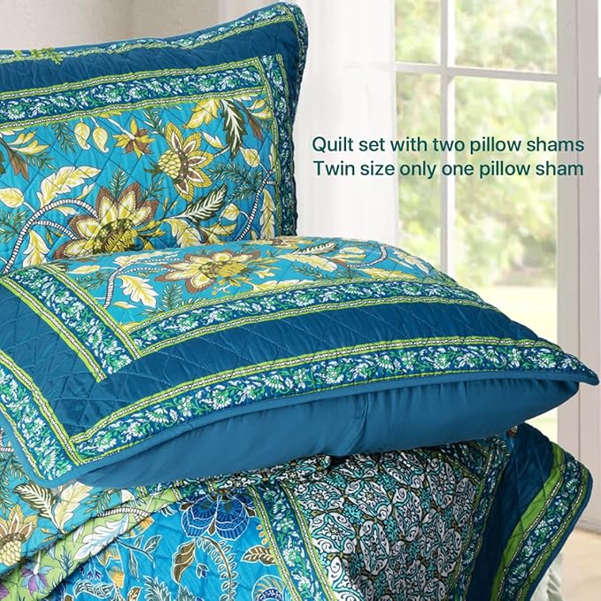 Twin Quilt Set for Bed - 100% Cotton Quilts Patchwork Comforter Coverlet Bedspread Reversible 68"x90" with 1 Pillow Shams