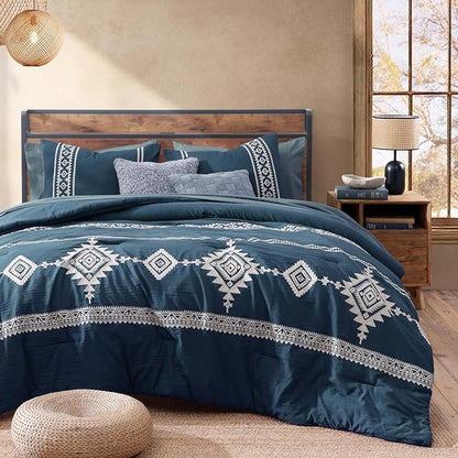 MaiRêve Embroidery Full Size Comforter Set Navy Blue, Farmhouse Western Boho Bedding Set 7 Pieces, All Season Bed in A Bag Comforter Set with Sheets, Pillowcases & Shams