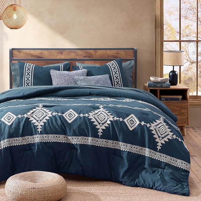 MaiRêve Embroidery King Size Comforter Set Navy Blue, Boho Farmhouse Western Bedding Set 7 Pieces, All Season Bed in A Bag Comforter Set with Sheets, Pillowcases & Shams
