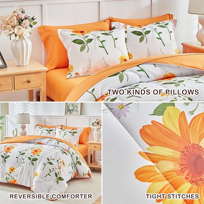 Joyreap 7 Piece Bed in a Bag King, Floral Comforter Sheet Set, Orange n Yellow Flowers on White Design, All Season Microfiber Bedding Comforter Set