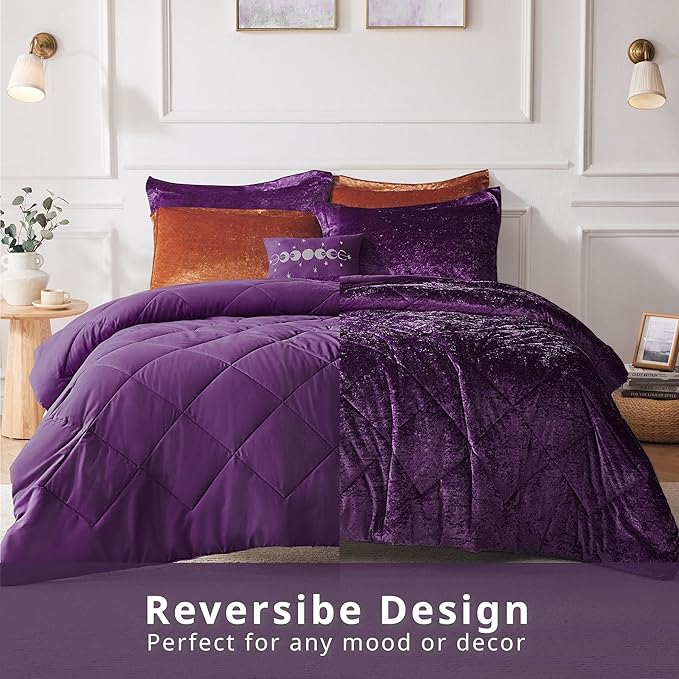 Intelligent Design King Comforter Set, Velvet Comforter Set , Luxury Diamond Quilting Comforter Set, Fluffy Comforter Bed Set with Decorative Pillowand 2 Shams, 4 Piece Purple, King/ Cal King