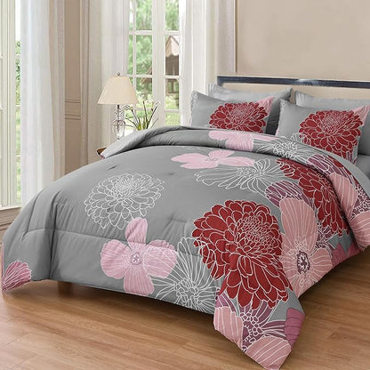 Yiran Bed in a Bag Queen Comforter Set 7 Pieces Burgundy Pink Red Floral Comforter Set Flower Soft Microfiber Bedding Set for All Season 90"×90"