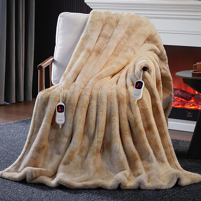 Guohaoi Heated Blanket Electric Throw, Soft Faux Rabbit Fur Electric Blanket with 10 Heating Levels 5 Sitting Timer Auto Off, Dual-Controller Heating Blankets, Machine Washable(84"×90" Beige)