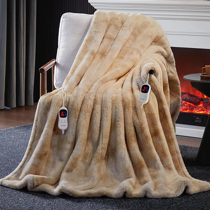 Guohaoi Heated Blanket Electric Throw, Soft Faux Rabbit Fur Electric Blanket with 10 Heating Levels 5 Sitting Timer Auto Off, Dual-Controller Heating Blankets, Machine Washable(90"×100" Beige)