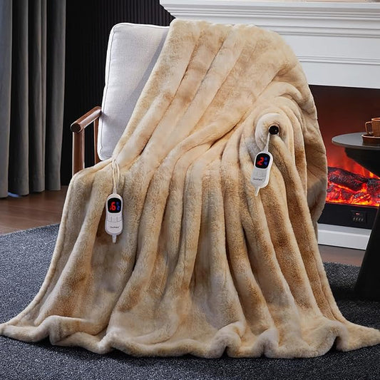 Guohaoi Heated Blanket Electric Throw, Soft Faux Rabbit Fur Electric Blanket with 10 Heating Levels 5 Sitting Timer Auto Off, Dual-Controller Heating Blankets, Machine Washable(90"×100" Beige)
