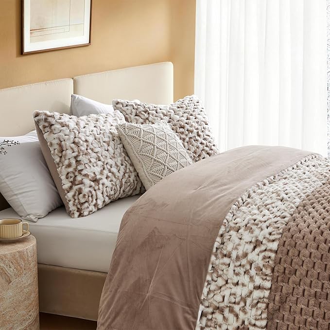 Petrichor Fluffy King Comforter Set - Taupe and White Striped Faux Fur Blanket for King Bed, Ultra-Soft Warm Bedding for Winter & Fall, Cozy 3 Piece Bed Set (1 Comforter & 2 Pillowcases)