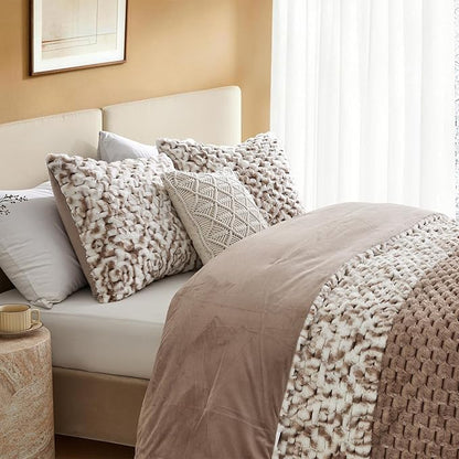 Petrichor Fluffy King Comforter Set - Taupe and White Striped Faux Fur Blanket for King Bed, Ultra-Soft Warm Bedding for Winter & Fall, Cozy 3 Piece Bed Set (1 Comforter & 2 Pillowcases)