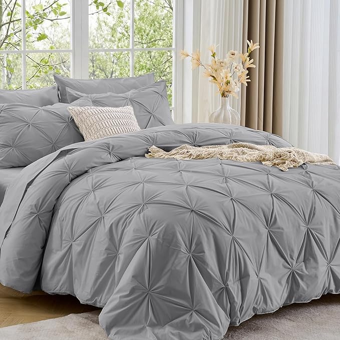 Sasttie California King Comforter Set, 7-Piece Bed in a Bag, Pintuck Bedding Sets for All Season, Includes Comforter, Flat Sheet, Fitted Sheet, Pillowcases and Pillowshams, Light Grey