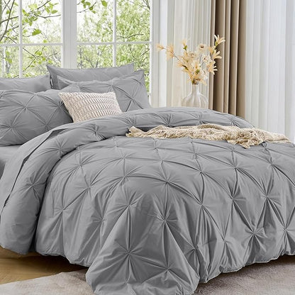 Sasttie California King Comforter Set, 7-Piece Bed in a Bag, Pintuck Bedding Sets for All Season, Includes Comforter, Flat Sheet, Fitted Sheet, Pillowcases and Pillowshams, Light Grey
