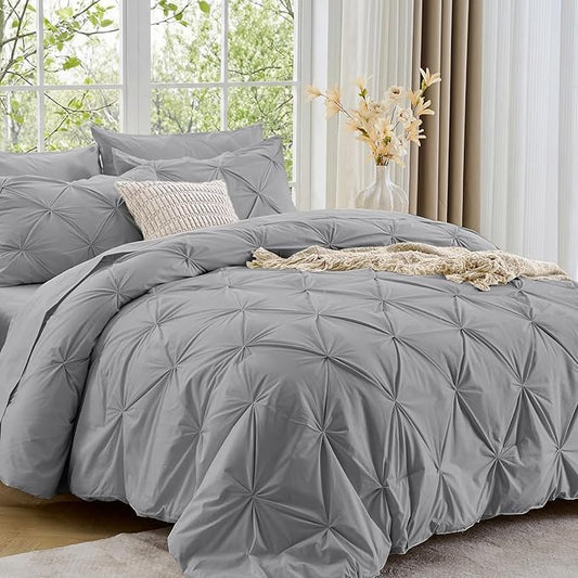 Sasttie Full Size Comforter Set, 7-Piece Bed in a Bag, Pintuck Bedding Sets for All Season, Includes Comforter, Flat Sheet, Fitted Sheet, Pillowcases and Pillowshams, Light Grey