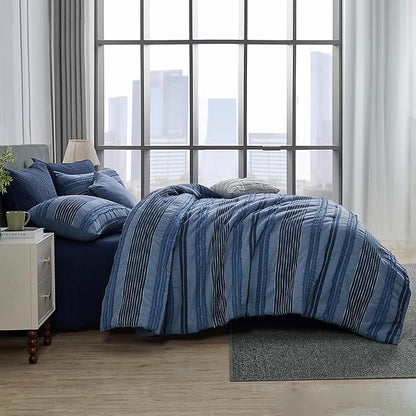 Wonderful Denim Blue Comforter Set King Size, Yarn Dyed Farmhouse Striped Cotton Lightweight Boho Comforter with Pillow Shams, Fluffy Bedding Set for All Season