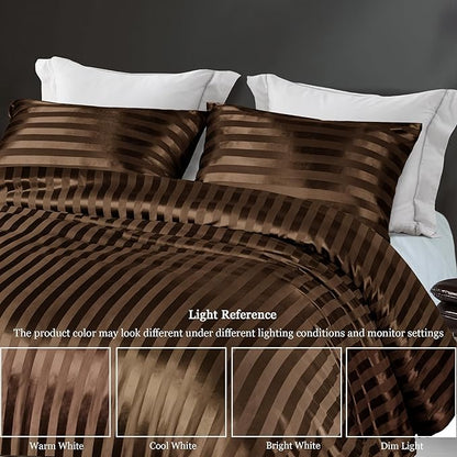 Whale Flotilla 2-Piece Reversible Silky Soft Twin Size Comforter Set, Luxury Stripe Satin Comforter Bedding Set with Satin Pillowcase, Lightweight Duvet Set for All Seasons, Brown