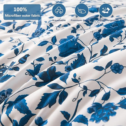 King Size Comforter Set - 7 Pieces Bed in a Bag Soft Microfiber Bedding Comforter Set Leaves Floral Pattern on White Comforter Sets with Sheets for All Seasons (King, Blue)