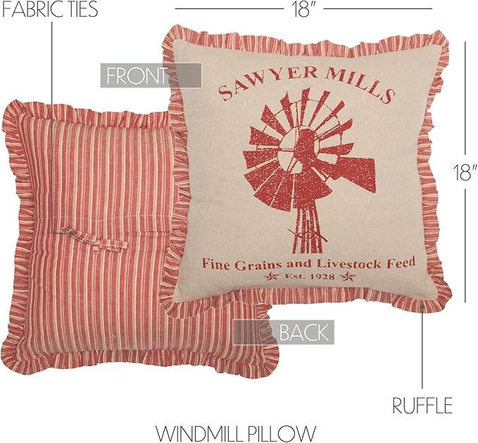 VHC Brands Farmhouse Sawyer Mill Chambray Windmill Square Pillow, Red 18x18