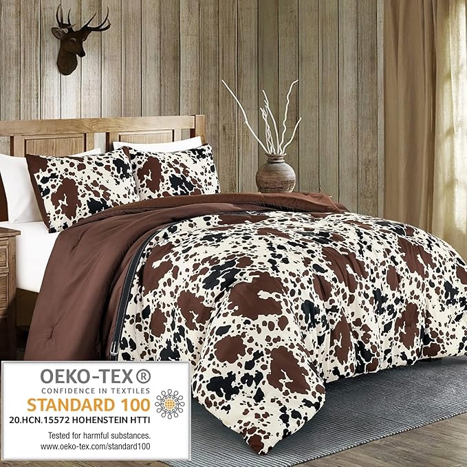 Cow Print Comforter Western theme cowboy Set Milk Cow Print brown black cream color ranch farmhouse rustic lodge Bedding Reversible matching pillow shams included western comforter set queen (Queen)