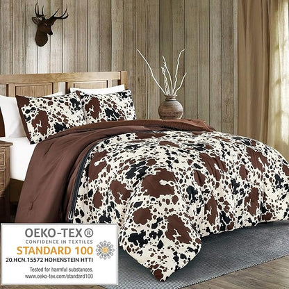 Cow Print Comforter Western theme cowboy Set Milk Cow Print brown black cream color ranch farmhouse rustic lodge Bedding Reversible matching pillow shams included western comforter set queen (Queen)