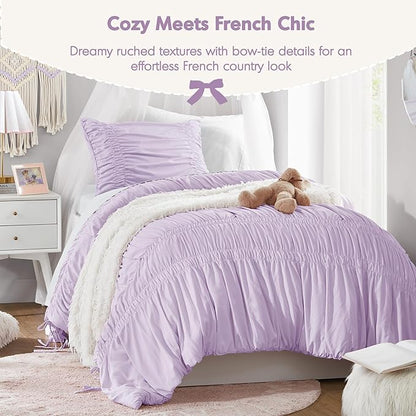 Intelligent Design Twin Comforter Set Ruched Shabby Chic Comforters for Twin Size Bed, All Season Lightweight Purple Ruffle French Country Bedding Set, Sham, Ella, Twin/Twin XL, Lavender 2 Piece