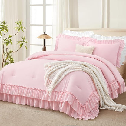 Andency Pink Twin Size Comforter Set(66x90Inch), 2 Pieces(1 Ruffle Comforter and 1 Pillowcase) Lightweight Fluffy Bedding Comforter Sets for Kids, All Season Soft Microfiber Bedding Set