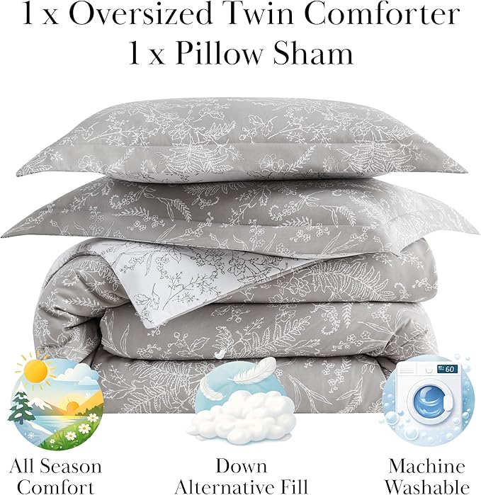 Southshore Fine Living, Inc. Twin Mattress Comforter Set, Hotel Quality Bedding, Floral Bedspread with Matching Pillow Sham for Twin/XL Beds, Reversible Bed Comforter, Winter Brush Grey/White