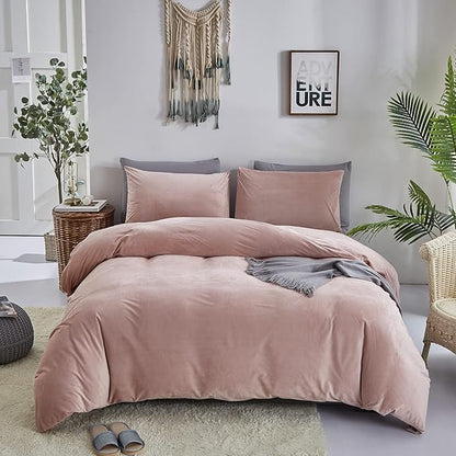 KAREVER Pink Velvet Comforter Set Cal King Solid Blush Flannel Velvet Bedding Comforter Set All Pink Colour 3 PCs Shaggy Soft Warm and Durable Blush Flannel Blanket Cal King