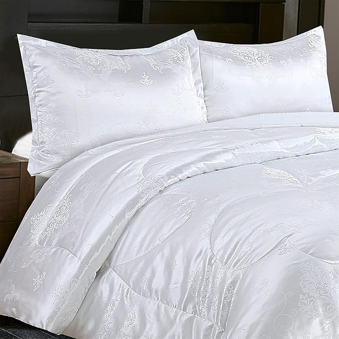 White Comforter, All Season Silk Twin Comforter, Classical Jacquard Lightweight Bedding Comforter Sets, 3 Pieces Ultra Soft Microfiber Quilt Matching 2 Pillow Shams, Twin/Twin XL