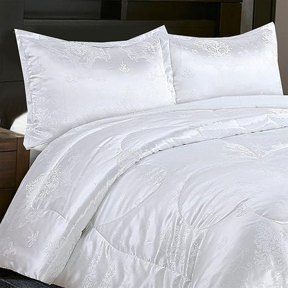White King Size Comforter Set, 3pcs Silk Jacquard Ultra Soft Bed Comforter Set, Lightweight Quilt Blanket for King Bed (104x90inches)