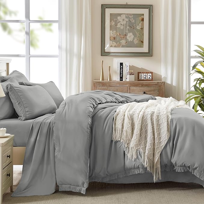 Andency Full Size Comforter Set Medium Grey -7 Pieces Boho Tassel Bed in a Bag Soft Lightweight Bedding Sets, Fringe All Season Bed Set with Comforter, Sheets, Pillowcases & Shams