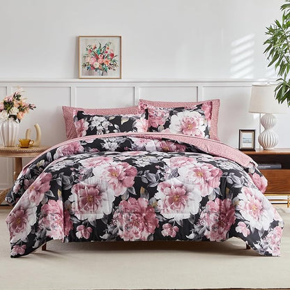 Joyreap 7 Piece Bed in a Bag Queen, Floral Comforter Sheet Set, Tie-dye Pink Flowers on Black Design, All Season Microfiber Bedding Comforter Set
