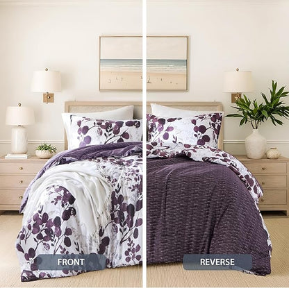 Lightweight Seersucker Botanical Queen Size Comforter Set, 3 Pieces Reversible Design Bed Comforter, Premium Microfiber Bedding Set, Comforter and Shams Set, Purple