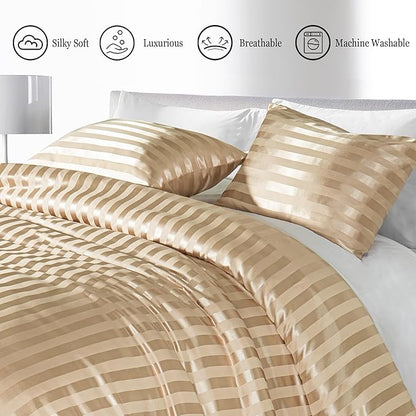 Whale Flotilla 3-Piece Reversible Silky Soft King Size Comforter Set, Luxury Stripe Satin Oversized Comforter Bedding Set with 2 Satin Pillowcases, Lightweight Duvet for All Seasons, Champagne