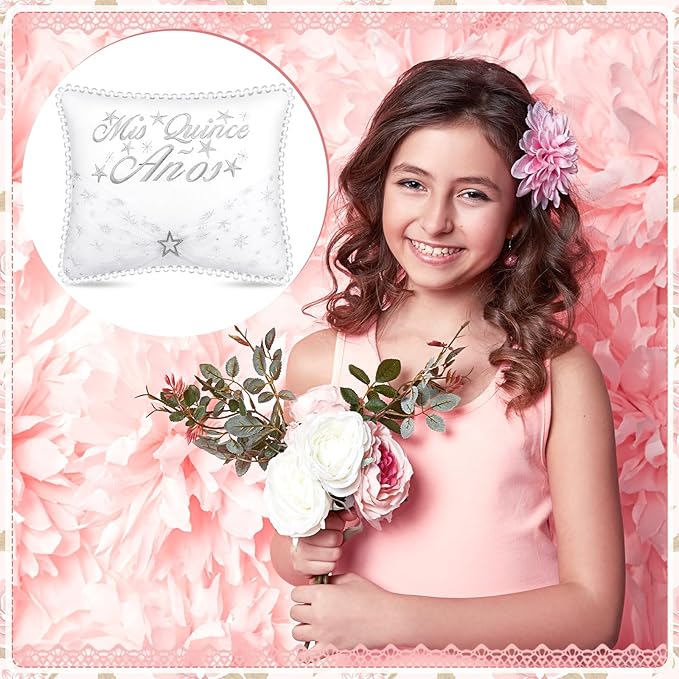Quinceañera Pillow 13 x 16 Inches White 15th Birthday Lace Pillows with Pillowcase Quinceanera Gift Decoration for Girls Chairs Sofas Ceremony Souvenir
