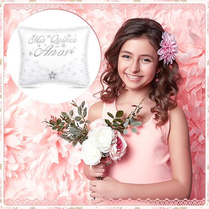 Quinceañera Pillow 13 x 16 Inches White 15th Birthday Lace Pillows with Pillowcase Quinceanera Gift Decoration for Girls Chairs Sofas Ceremony Souvenir