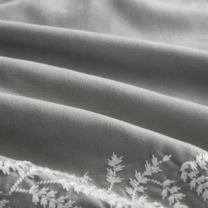 Queen Comforter Set 7-Piece Embroidered Faux Suede Bedding – Soft, Elegant & Complete Bedding Set with 1 Comforter, 2 Pillow Shams, 1 Bed Skirt, and 3 Decorative Throw Pillows, Queen, Gray