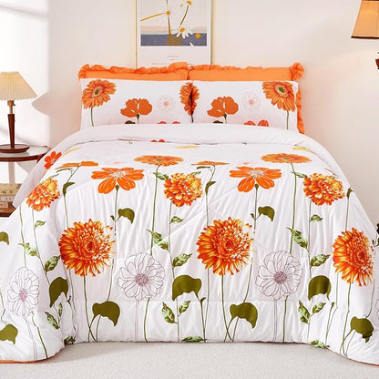 EVENHUG Queen Comforter Set 7 Pieces Reversible Queen Size Comforters for All Season Orange Sunflower Floral Bedding Sets Bed in a Bag with Flat Sheet and Fitted Sheet,Pillowcases & Shams (88"x88")