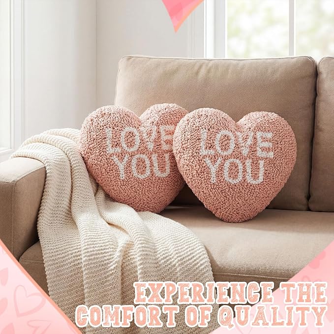 Peryiter Love You Heart Shape Handicraft Hook Pillow 10'' x 10'' Needlepoint Pink Heart Throw Pillow for Couples Anniversary, Wedding, Party Decor, Room Cushion