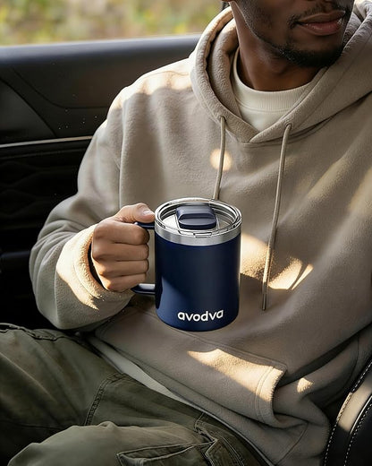 12oz Insulated Coffee Mug with Lid – Includes Two Lids, Stainless Steel Coffee Travel Mug with Handle, Double Wall Vacuum Insulated Camping Mug for Home, Office & Outdoor, Navy Blue