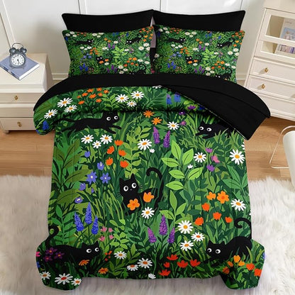 Nesker 7 Pcs Spring Comforter Set Full Size, Black Cat Flower Bedding Set for Kids and Adults, Green Garden Bed Sheet Sets with Fitted Sheet 2 Pillowcases & 2 Shams
