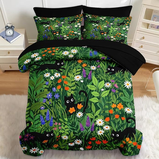 Nesker 7 Pcs Spring Comforter Set Full Size, Black Cat Flower Bedding Set for Kids and Adults, Green Garden Bed Sheet Sets with Fitted Sheet 2 Pillowcases & 2 Shams