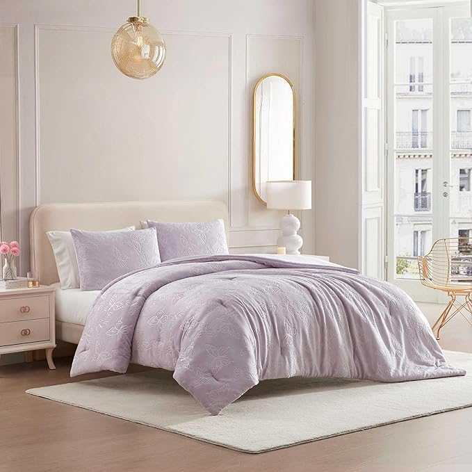 Betsey Johnson - Queen Comforter Set, Lightweight & Soft Plush Bedding with for Year Round Comfort, 3 Piece Bed Set with Matching Pillowcases (Butterfly Embossed Purple)