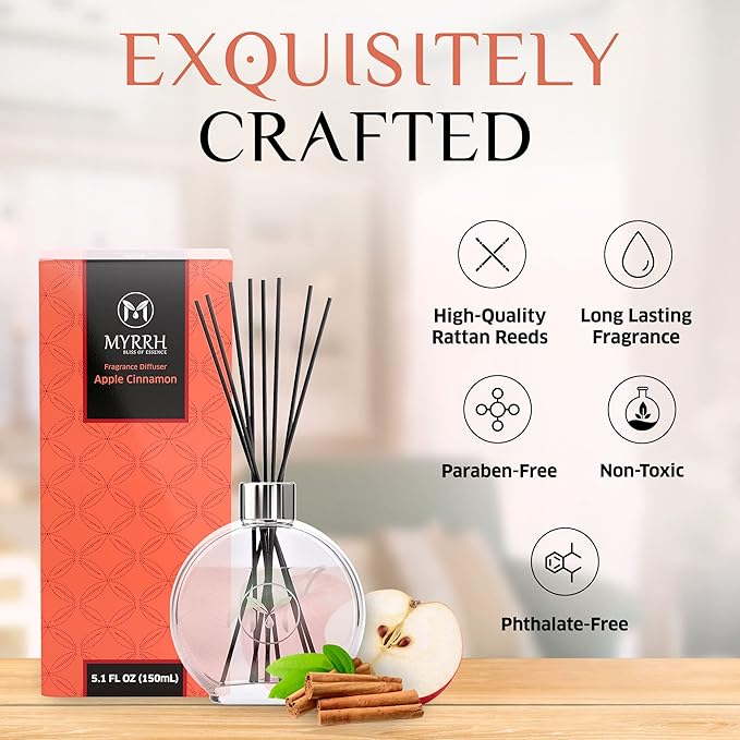 Apple Cinnamon Scented Reed Diffuser Set with 8 Rattan Diffuser Sticks, 150 ml, All Natural Air Freshener, Long-Lasting Diffusers at Home, MyrrhUSA