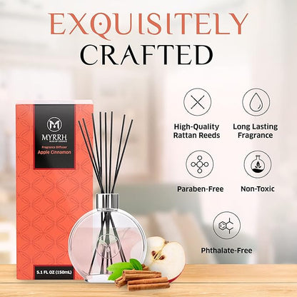 Apple Cinnamon Scented Reed Diffuser Set with 8 Rattan Diffuser Sticks, 150 ml, All Natural Air Freshener, Long-Lasting Diffusers at Home, MyrrhUSA